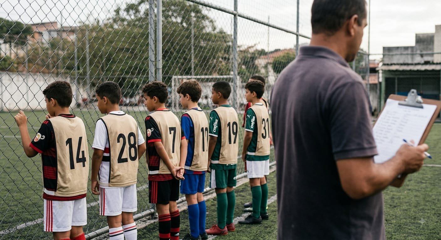 Crianças em treino de futebol observando o técnico